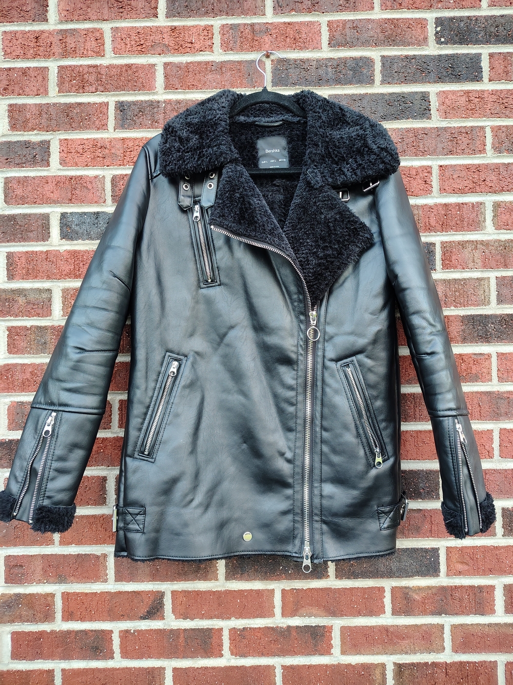 Bershka Faux Leather Shearling Aviator Jacket Black Moto Coat L